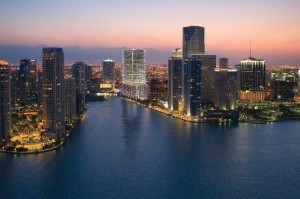 night time view of bay and brickell key