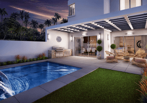 modern house-night-pool with cascade