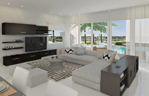Moderne Doral Media room wit view to Pool